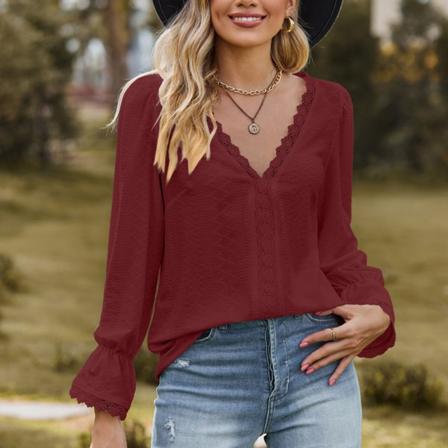 Kvinners V-hals T-skjorte med blonder, lange klokkeermer, ren farge, casual jacquard løs bluse, vinrød M