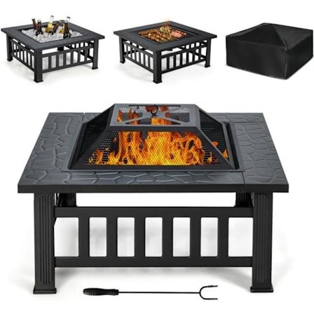 COSTWAY Multifunktionell trädgårdsfat 81 x 81 x 50 cm med gnistfångare, vedhållargrill, BBQ Grill Poker i svart stål