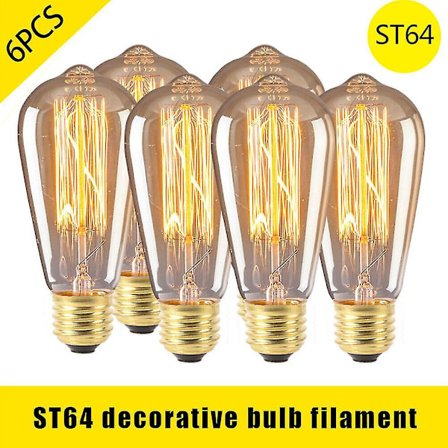 6 stk Vintage Retro St64 E27 Edison-glødepærer 40w Glødetrådslampe Varm Hvid [DB]