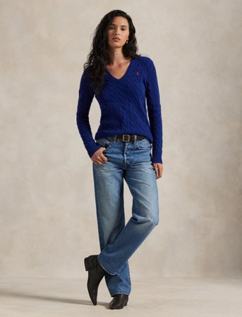 Polo Ralph Lauren Cable-Knit Wool-Cashmere V-Neck Sweater - Navy - XS