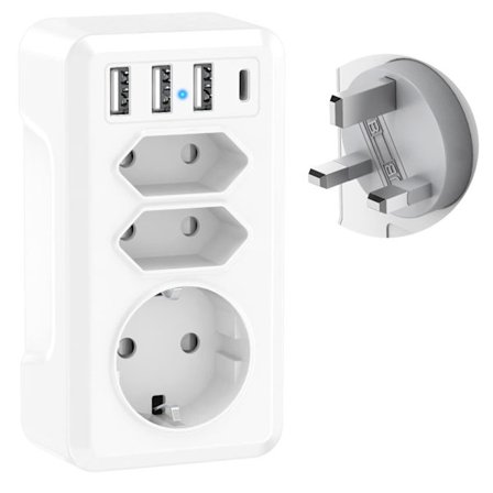 7 i 1 Rejseadapter med 3 USB og USB-C Frankrig til UK Adapter Engelsk Stik UK Type G Adapter til Irland Malaysia England Storbritannien Dubai