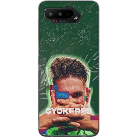 Yhteensopiva Puhelinkuori Asus ROG Phone 5 Lamine Yamal Barcelonan pelipaidassa, jossa on neonvaloja ja punaisia ja sinisiä salamoita dramaattisessa e