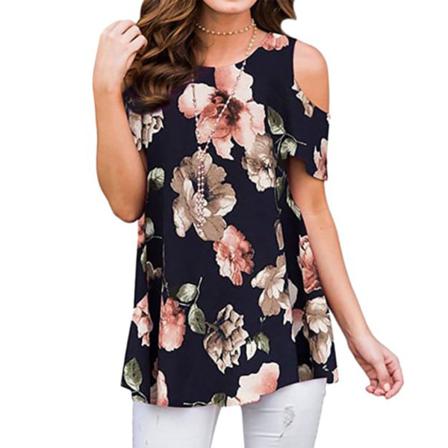 Kvinnor Off Shoulder T-shirt Med Rund Print
