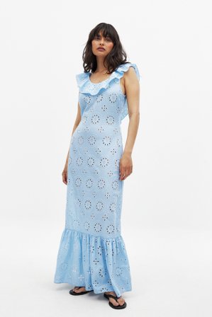 Handpicked x NA-KD Anglaise Flounce Hem Maxi Dress - Sommerkjoler - Blå - EU 36