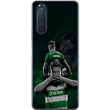 Yhteensopiva Puhelinkuori Sony Xperia 5 II Neonmotiivi, jossa teksti "Gaming is in my DNA" sinisenä ja punaisena tiiliseinällä, jossa loistava DNA-spi