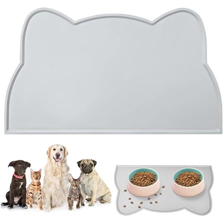 Matskål for hund og katt, søt matte i form av et kattehode, sklisikker, vanntett silikonmatte for fôring, for katter og hunder (Grå)