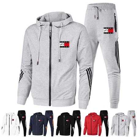 Herre TomyJeans Sport Hoodie Tracksuit Sæt Langærmet Fuld Lynlås Hoodie Sweatshirt Jakke + Joggingbukser Sweatpants Outfit Lommer Black qd