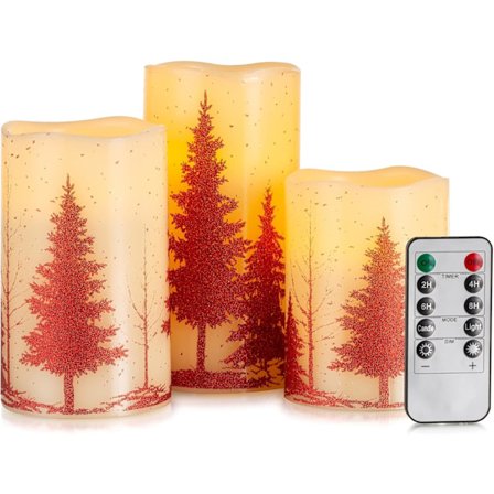 Flammeløse stearinlys med timer, jule-LED, batteridrevet lysdekorasjon, 3-delt sett, rød julepynt, julegave