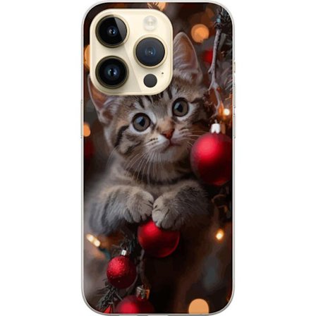 Kompatibelt Mobildeksel til Apple iPhone 15 Pro Søt kattunge blant julepynt og varme lys med nysgjerrige øyne som ser opp, omgitt av dekorasjoner som