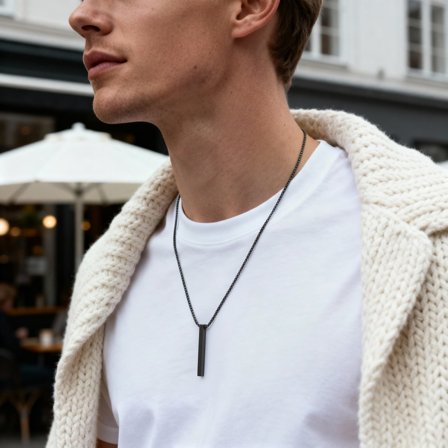 Matte zwarte roestvrijstalen ketting met staafvormige hanger voor mannen - Stalen kettingen