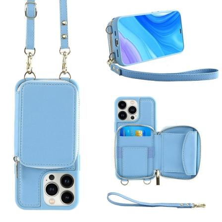 Crossbody dragkedja Case Kompatibel med Iphone 15 Pro Max, Pu Läder Stötsäkert cover med handledsrem & korthållare Blue For iPhone 15 Pro Max