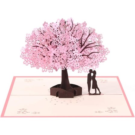 3D-kortti, ponnahduskortti romanttisille rakastavaisille kirsikkapuun alla, äitienpäiväkortti, vuosipäiväkortti, ystävänpäiväkortti, hääkortti