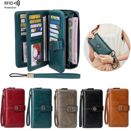 RFID Tyverisikker Lærveske Lang Glidelås Stor Clutch Veske Vinrød