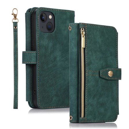 Fodral för iPhone 16 Grön [kort rep + långt hängande rep] dragkedjeplånbok med korthållare crossbody flip nio kort
