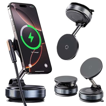 360° Magsafe Bilholder med Trådløs Opladning og Super Stærk Vakuum Sugekop
