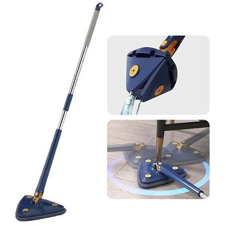 Justerbar 360° roterande triangulär hopfällbar rengöringsmopp med automatisk vattenurvridningsfunktion, 2 rengöringsdukar, mikrofiber elastisk mopp (