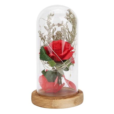Glassdeksel Rose Flower Lampe i Tre med LED-dekorasjon Nattlys for Bursdag Valentinsdag Gave Varm Hvit