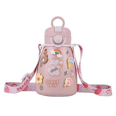 Kawaii vandflaske, sugerør og stor mave kop isoleret koldtvandsflaske (500 ml, pink)