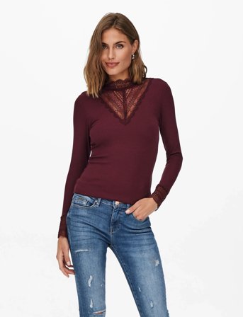 ONLY Onltilde L/S High Neck Lace Top Jrs Noos - Burgundy - XS