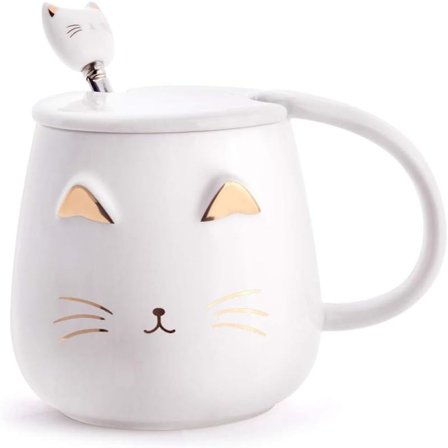 Hvid kattekrus, sød killing kaffekrus i keramik med rustfri stål ske, nyhed kaffekrus til katteelskere kvinder piger