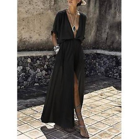 Damekjole Dyb V Midt-ærme Slids Kjole (L sort)