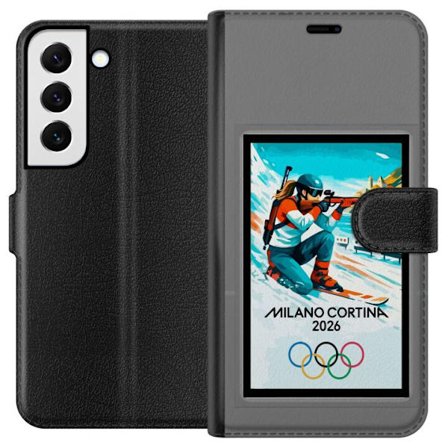 Yhteensopiva Lompakkokotelo Samsung Galaxy S22+ 5G Retrojuliste Cortina Milano 2026 vuorilla, talviurheilijoilla, italiankoloreilla, Milanon tuomiokir