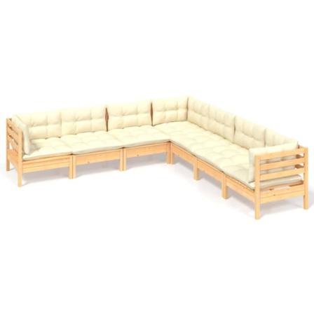 Vidaxl Loungegrupp Med Gräddvita Dynor 7 Delar Massiv Furu Creme