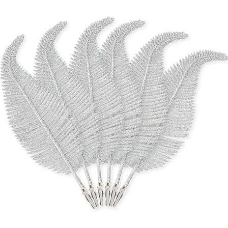 Pakke med 6 glitrende julefjær, sølv, fjærdekorasjoner til å klipse på juletrepynt