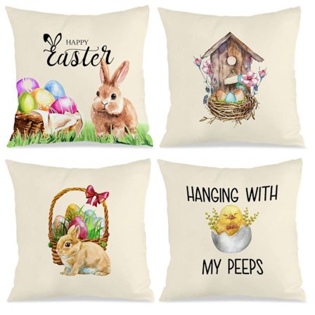 4 stk. pudebetræk med påsketema, 45x45 cm hyggeligt pudebetræk til påskefest