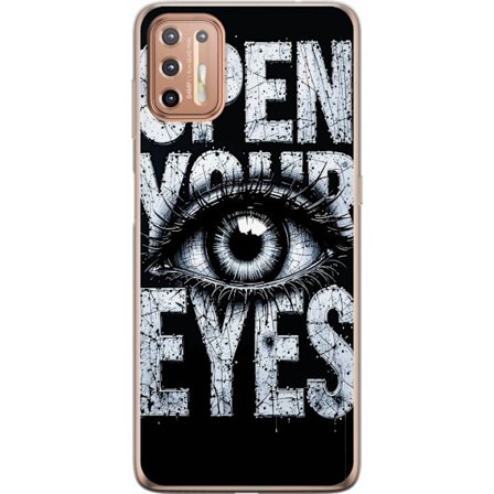 Kompatibel Mobilcover til Motorola Motorola Moto G9 Plus Mørk typografisk illustration med øje og teksten Åbn dine øjne, stærk kontrast og rå ku