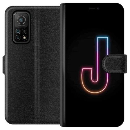 Yhteensopiva Lompakkokotelo Xiaomi Xiaomi Mi 10T 5G Minimaalinen neonkirjain J värien vaihtuessa valossa mustaa taustaa vasten