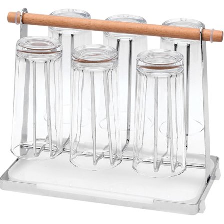 Torkställ för Muggar, Torkställ för Koppar och Flaskor i Rostfritt Stål med Trähandtag - Bänkskiveorganisatör, Silver