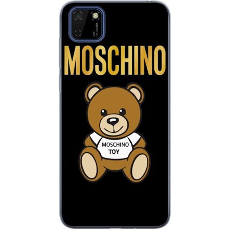 Kompatibelt Mobilskal till Huawei Huawei Y5p Moschino-inspirerad nallebjörn med text på tröjan, centrerad mot svart bakgrund med tydlig mode- och p