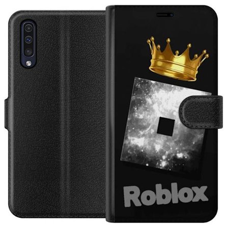 Kompatibel Tegnebogsetui til Samsung Samsung Galaxy A50 Minimalistisk sort og sølvfarvet Roblox-symbol med gylden krone og luksuriøs gamer-æstetik