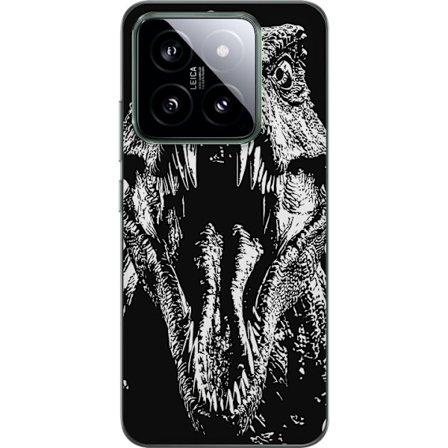 Xiaomi 14 Gjennomsiktig deksel Dinosaur T-Rex brølende monster episk svart-hvit detalj skrekk dinosaurus sterk brøl prehistorisk beist kunst illustr