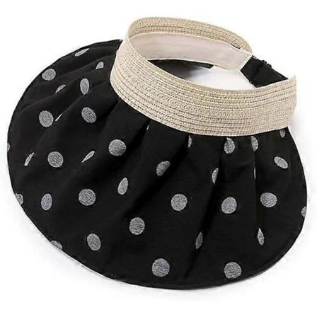 Solhatte med prikket tryk til kvinder - Sammenfoldelig sommerhat i strå med bred skygge til damer, UV-beskyttelse til stranden
