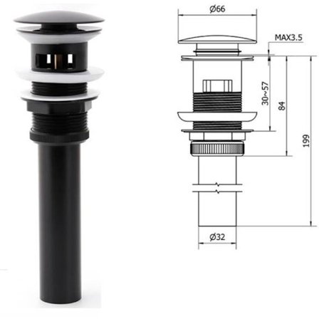 Slukplugg, pop-up slukplugg med overløp, messingfinish servantbatteri pop-up slukplugg, pop-up design for baderomsbatteri, vaskeservant, svart