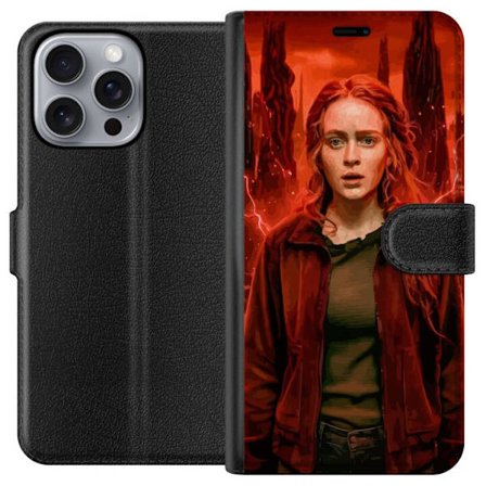 Kompatibelt Plånboksfodral till Apple Apple iPhone 16 Pro Max Porträtt av en ung kvinna med rött hår i en apokalyptisk landskap, röda blixtar och