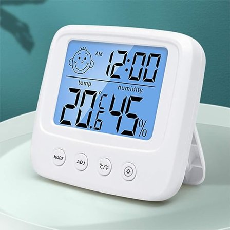 Digital hygrometer inomhus termometer rums termometer och fuktighetsmätare med temperatur fuktighetsmonitor, bakgrundsbelysning, klocka °C/°F funktion