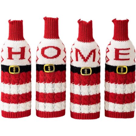 4-pack Jul Vinflaskor Omslag - Stickad Jultomte "HOME" Design, Randiga Bokstavsmönster, Festlig Julbordsdekoration