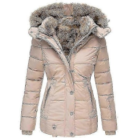 Varm vinterjakke for kvinner med pelskrage, glidelås, smal passform, lange ermer og hette