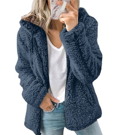 Fleece Fluffig Hættetrøje Dame Langærmet Jakke Vinter Varm Teddybjørn Cardigan Blå