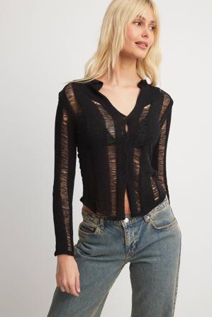 NA-KD Finstickad cardigan med slitna detaljer - Finstickade plagg - Svart - XX-Small