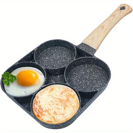 4-Håls Non-Stick Stekpanna med Trähandtag | Maifanstenbeläggning, Perfekt för Ägg, Pannkakor, Induktionskompatibel, Tål Diskmaskin, Järnbas