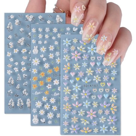 3 ark Blomster Negleklistermærker 3D Neglekunst Klistermærke 5D Negledekoration Selvklæbende Manikyrdesign til Kvinder Piger (Daisy)
