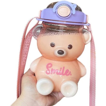 Björnvattenflaska med sugrör, Kawaii läckagesäker vattenkanna med justerbar axelrem för campingresor