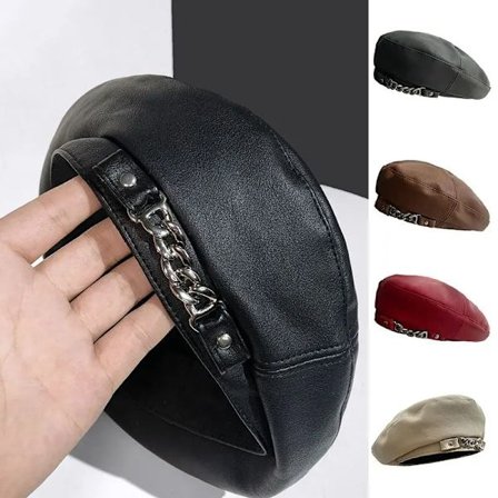 Fashion Autumn Winter Hip Hop Chain PU Leather Beret for Women Solid Color Retro Newsboy Octagonal Hat Versatile Painter Cap