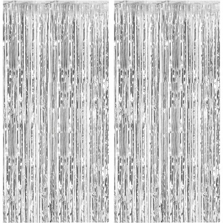 2 Pak Folie Gardin Baggrund Sølv Metallic Glitter Folie Frynser Gardiner Fotoboks Rekvisitter til Fødselsdag Ferie Fest Dekorationer