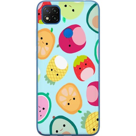 Kompatibel Mobilcover til Xiaomi Redmi 9C NFC Mønster af kawaii frugter som jordbær citron ananas og avocado på lyseblå baggrund