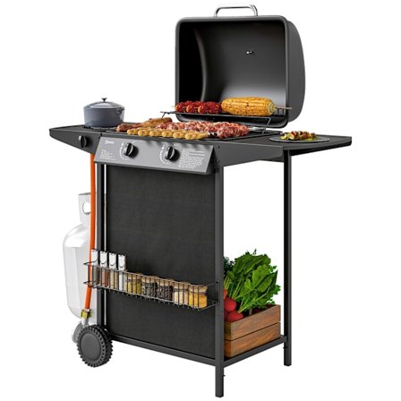 Gasgrill 7 KW grillvogn inkl. 3 brændere sidekomfur rulle trykreduktion låg gasslange 2 varmezoner termometer sidehylder, BBQ havegrill til altan, gri